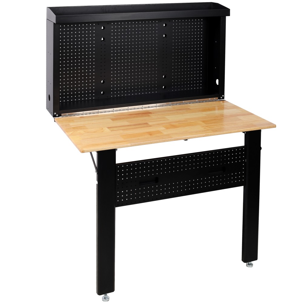Foldable Wall Workbench w/ Rubberwood Surface & Pegboard Tool Storage