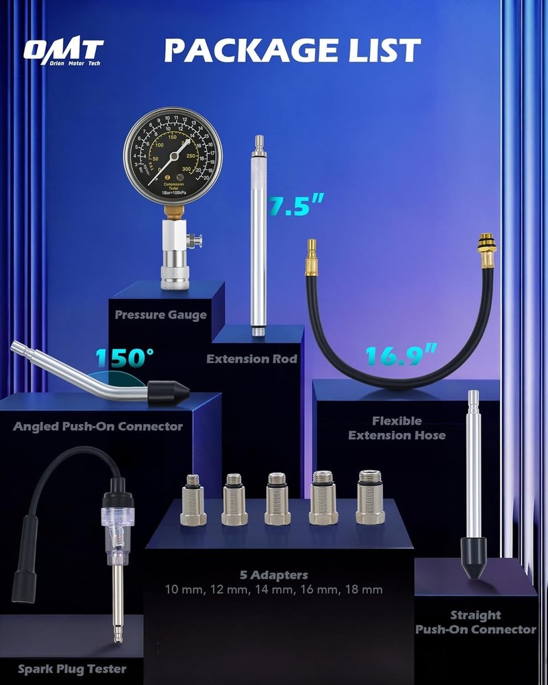 Precision Engine Cylinder Compression Tester - 11 pc Kit with Adapters and Gauge