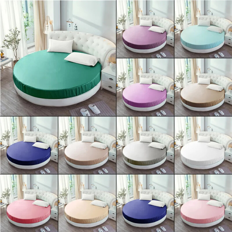 Elastic Round Fitted Sheet Soft Silky Satin Solid Color Bedspread Mattress Cover