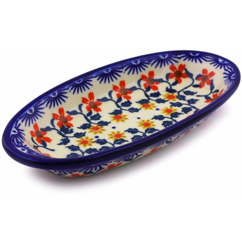 Polish Pottery Condiment Dish 6" Red Sunflower