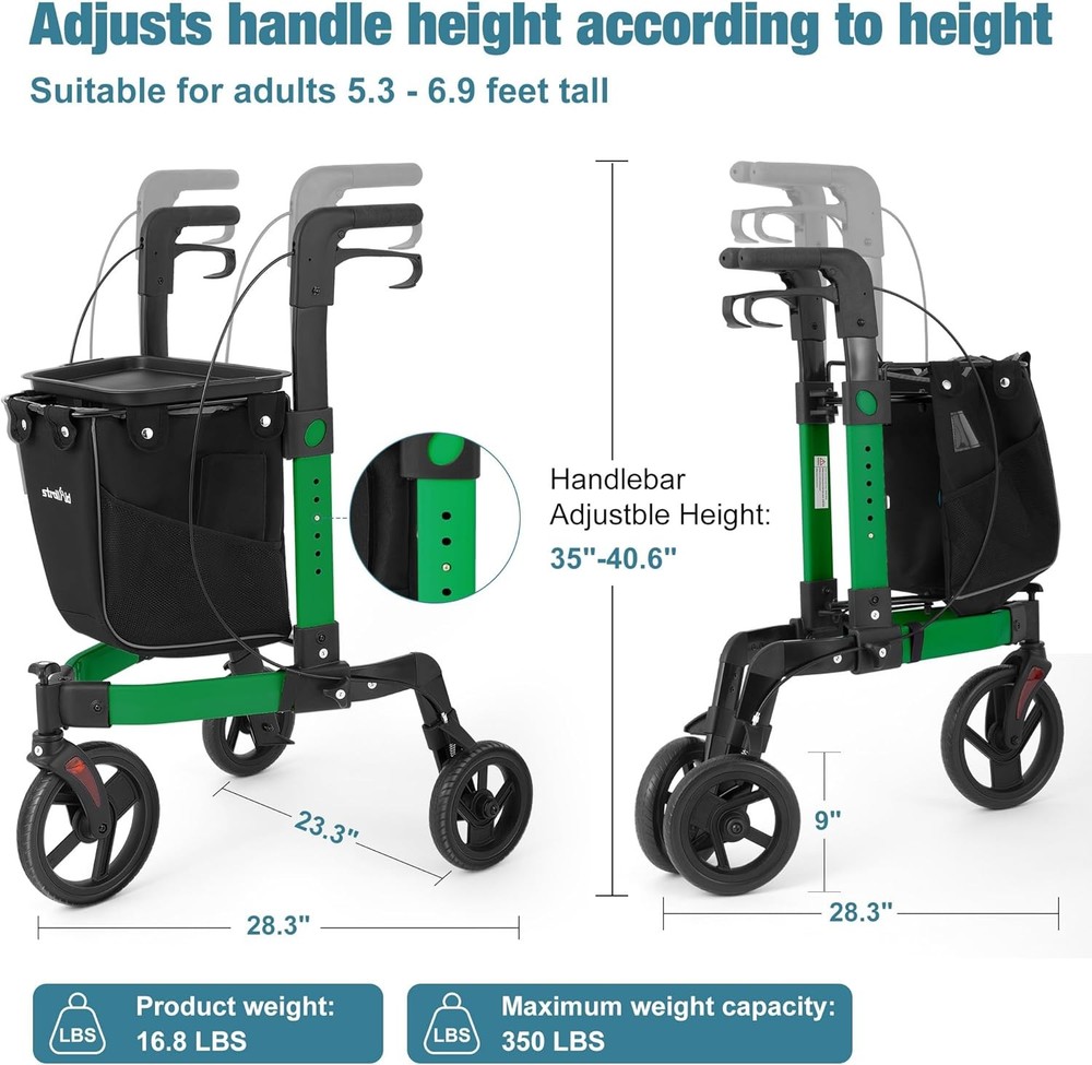Rollator Walker All Terrain 10“Front 3 Wheel w/ Tray&Large Storage Bag Foldable