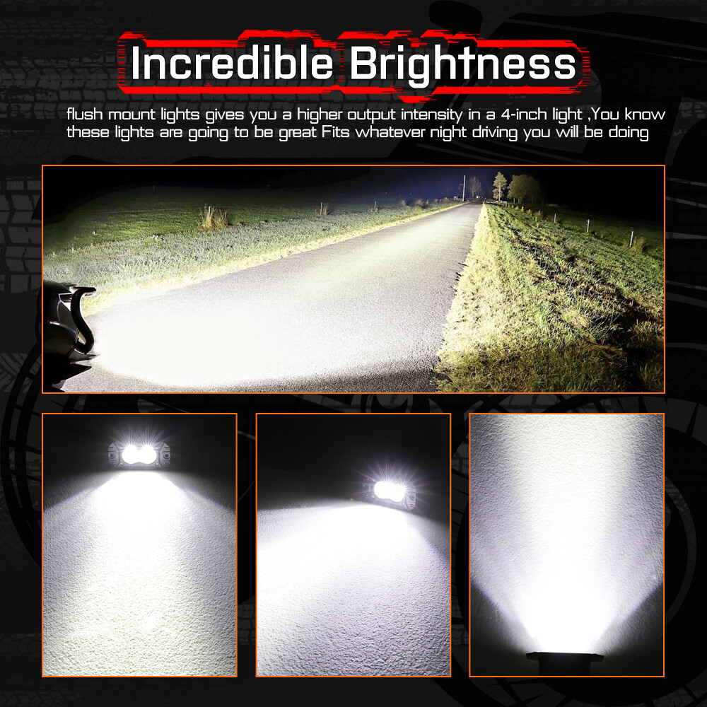 Wide Drive Flood Diffused White Rectangle LED Lights Pair Kit 4" 40W Flush Mount