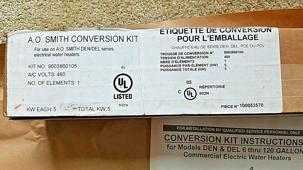 A.O. Smith Conversion Kit 90038600105 DEN/DEL 480 Volt 5-KW W/H Element