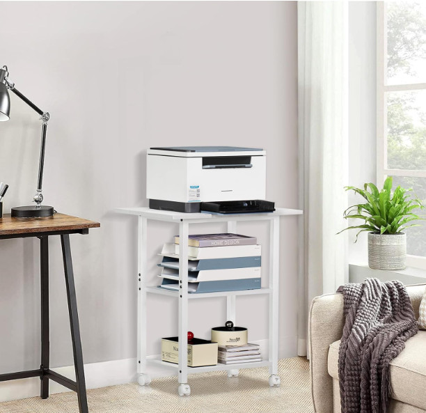 3-Tier Mobile Printer Stand with Storage Shelf & Lockable Wheels, White