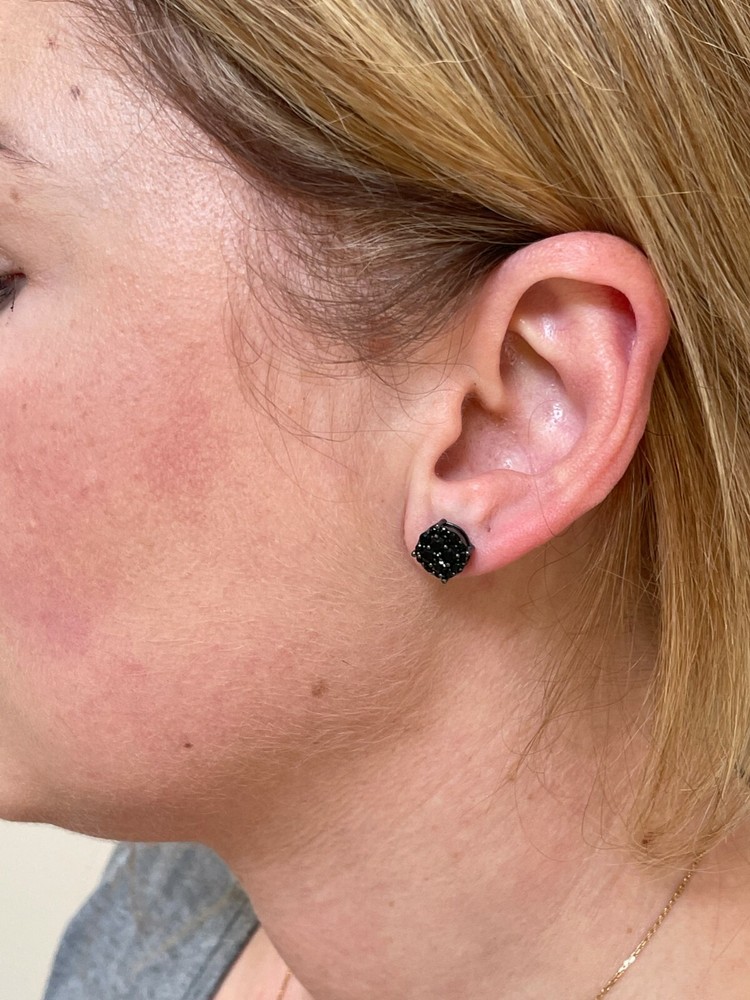 Real Solid 925 Silver Hip Hop Black CZ Earrings 1/3" Cluster Round Studs