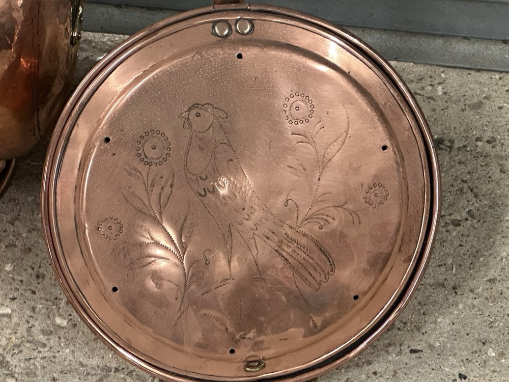 Antique 19thC Copper Coal Scuttle With Pin Hammered Pattern Bed Warmer