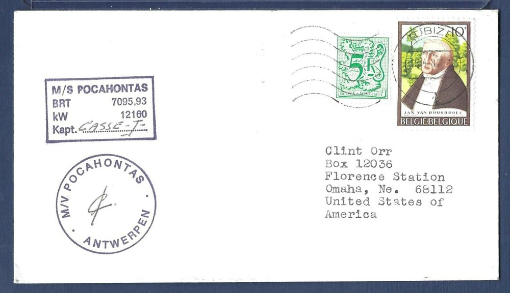 MS POCAHONTAS Belgian Cargo Ship Paquebot Cover