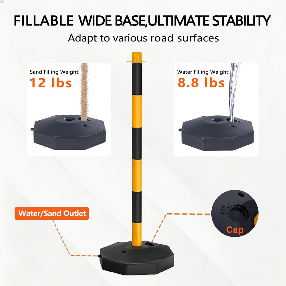 12Pack 34" Yellow Black Delineator Posts Fillable Base With Chain Safety Barrier