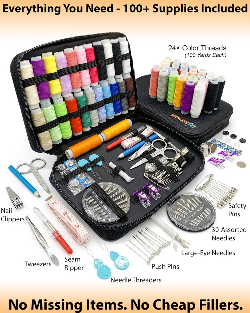 Vellostar Sewing Kit for Adults & Medium (24 Threads), Standard Black