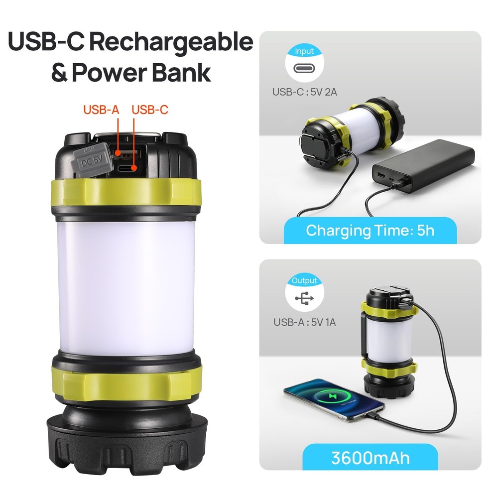 2 Pack LED Camping Lantern Flashlight Rechargeable, 2 Pack, Light Green