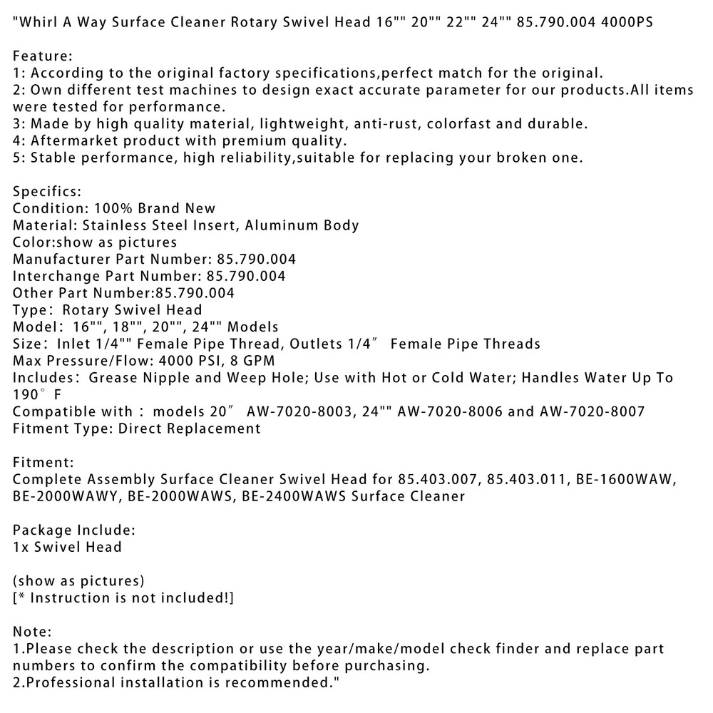 Whirl A Way Surface Cleaner Rotary Swivel Head 16"/20"/22"/24" 85.790.004 4000PS