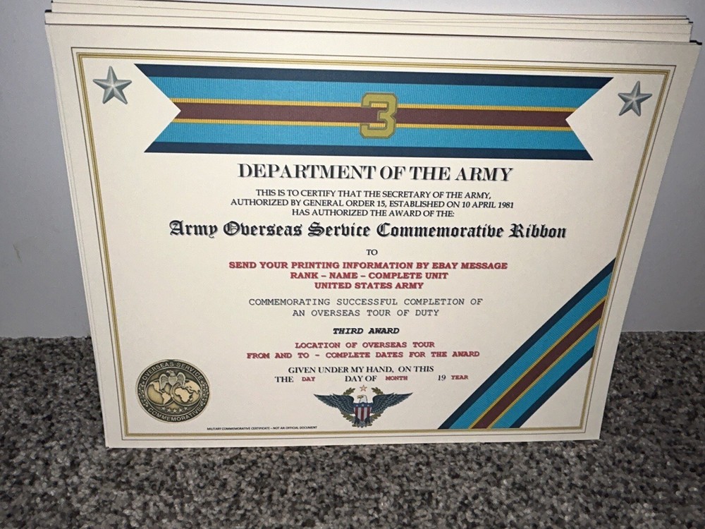 ARMY OVERSEAS SERVICE - 3RD AWARD COMMEMORATIVE CERTIFICATE ~ W/PRINTING TYPE-1