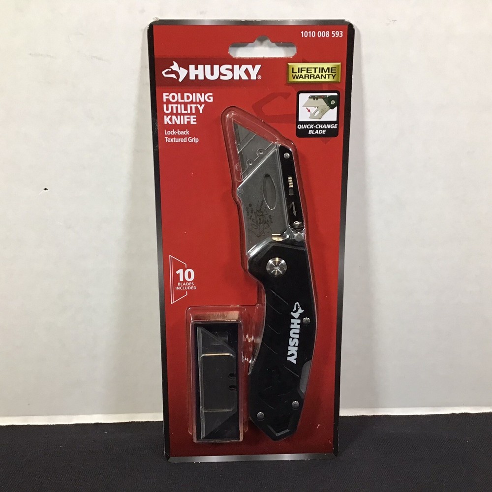 Husky Folding Utility Knife Lock Back Textured Grip Black Extra Blades New