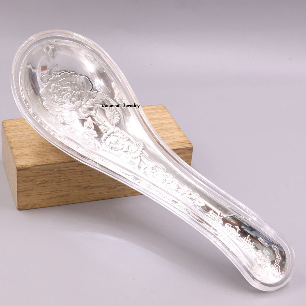 Solid S999 Fine Silver Tableware Blooming Flower Soup Spoon 37-38g 5.2inch