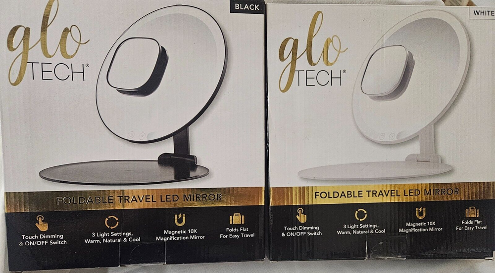 Glo Tech Foldable 8" Travel LED Mirror - Black / White - Open Box