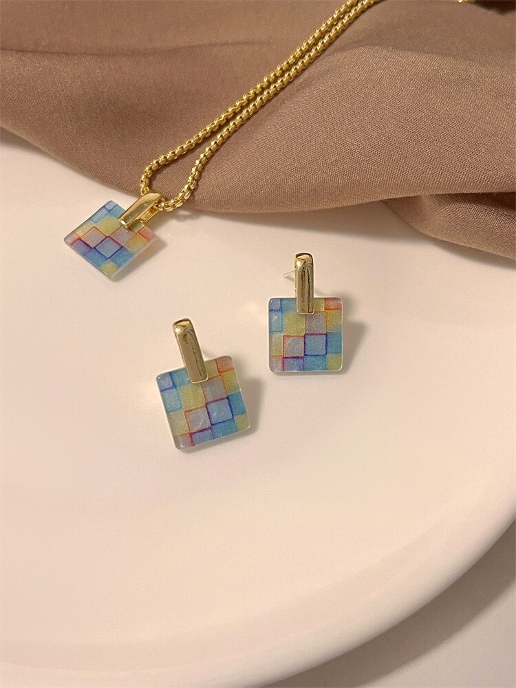 Square Multicolored Pendant Necklace Earring Set Multicolored Gold based