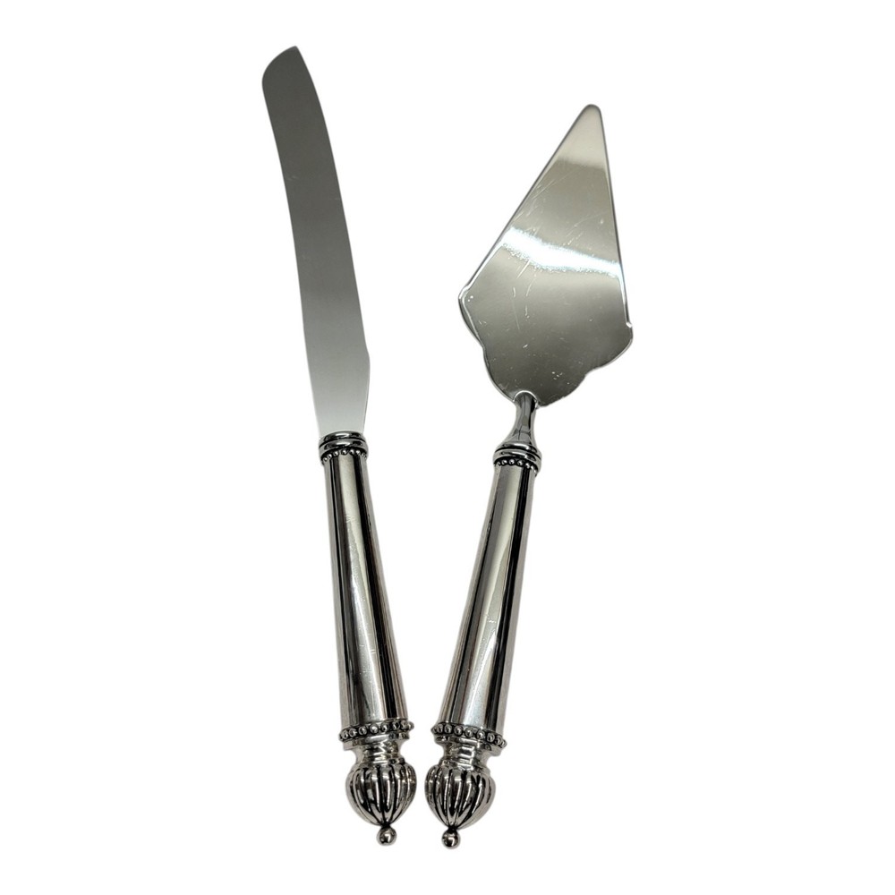 Godinger Silver Plate Wedding Cake Knife and Server Set Beaded Melon Finials
