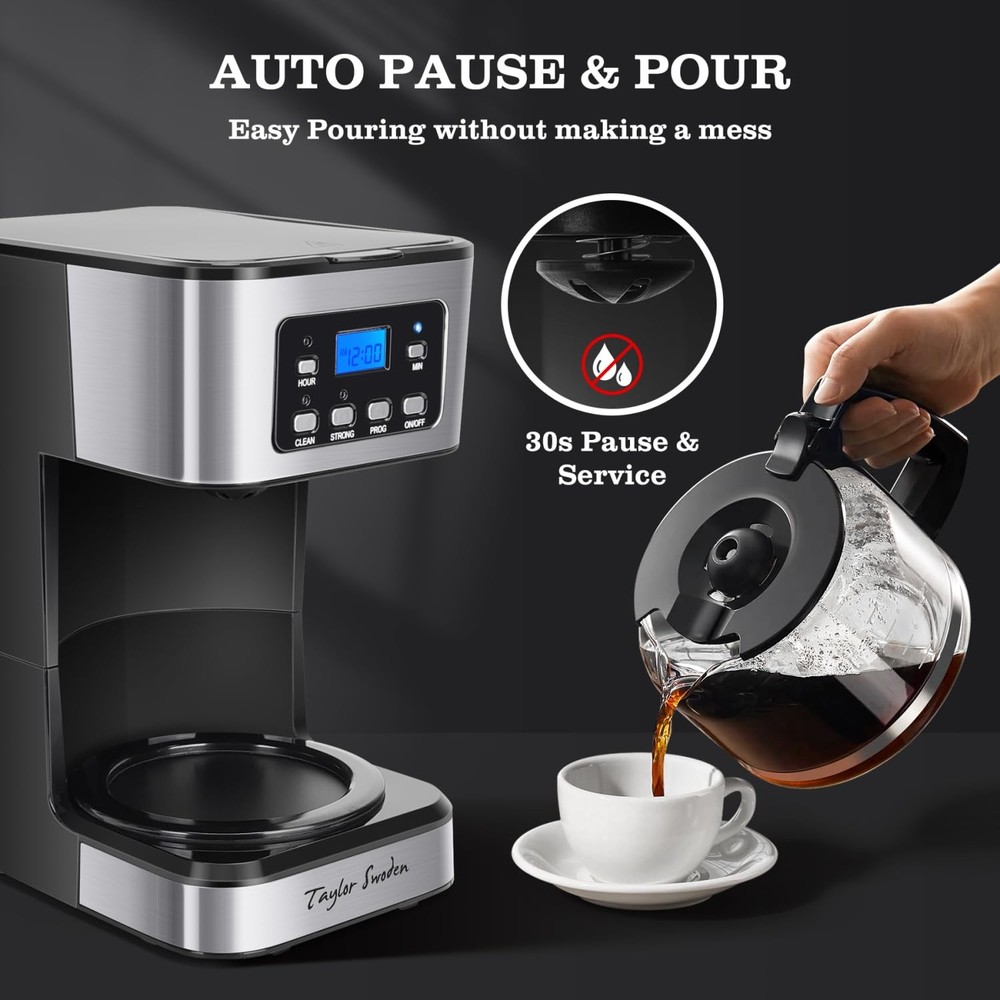 Taylor Swoden 12-Cup Programmable Coffee Maker, Regular & Strong Brew Black