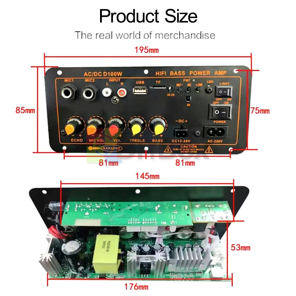 D100W Bluetooth Audio Amplifier Board Subwoofer Microphone input DC12 24V AC220V