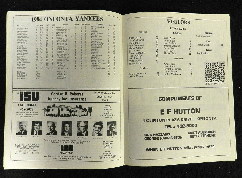 1984 ONEONTA YANKEES BASEBALL PROGRAM w/ LINE UP SHEET