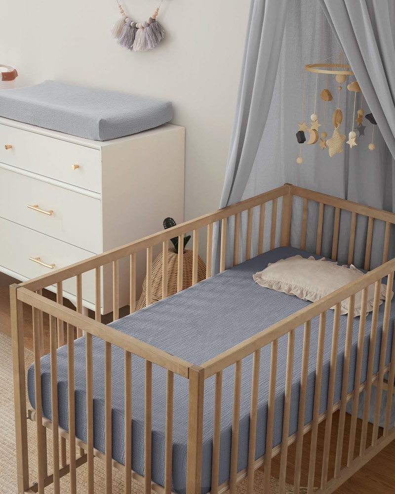 Blissful Diary Muslin Crib Sheets for 2 Pack, Light Blue & Grey