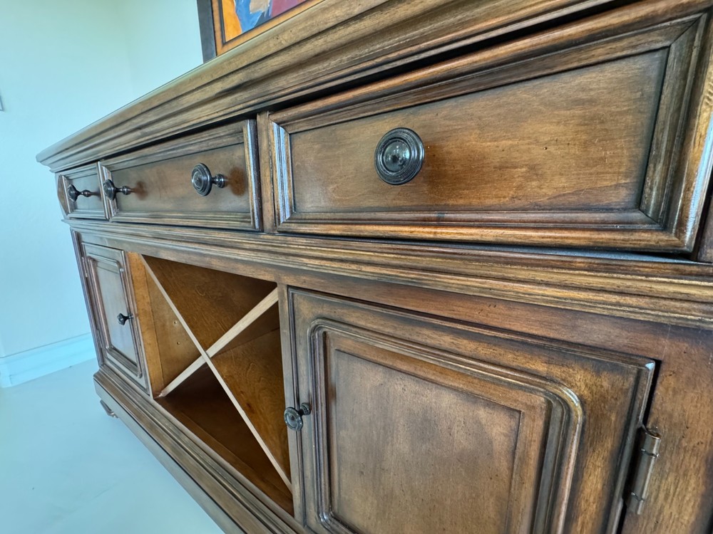 Antique Solid Wood Sideboard Buffet with Wine Rack & Granite Top