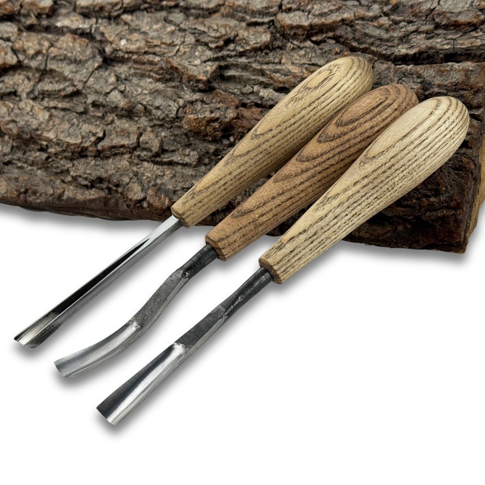 Wood Carving Tool Set 3-Piece – 52100 Steel Blade, Ash Handle, V-Chisel & Gouges