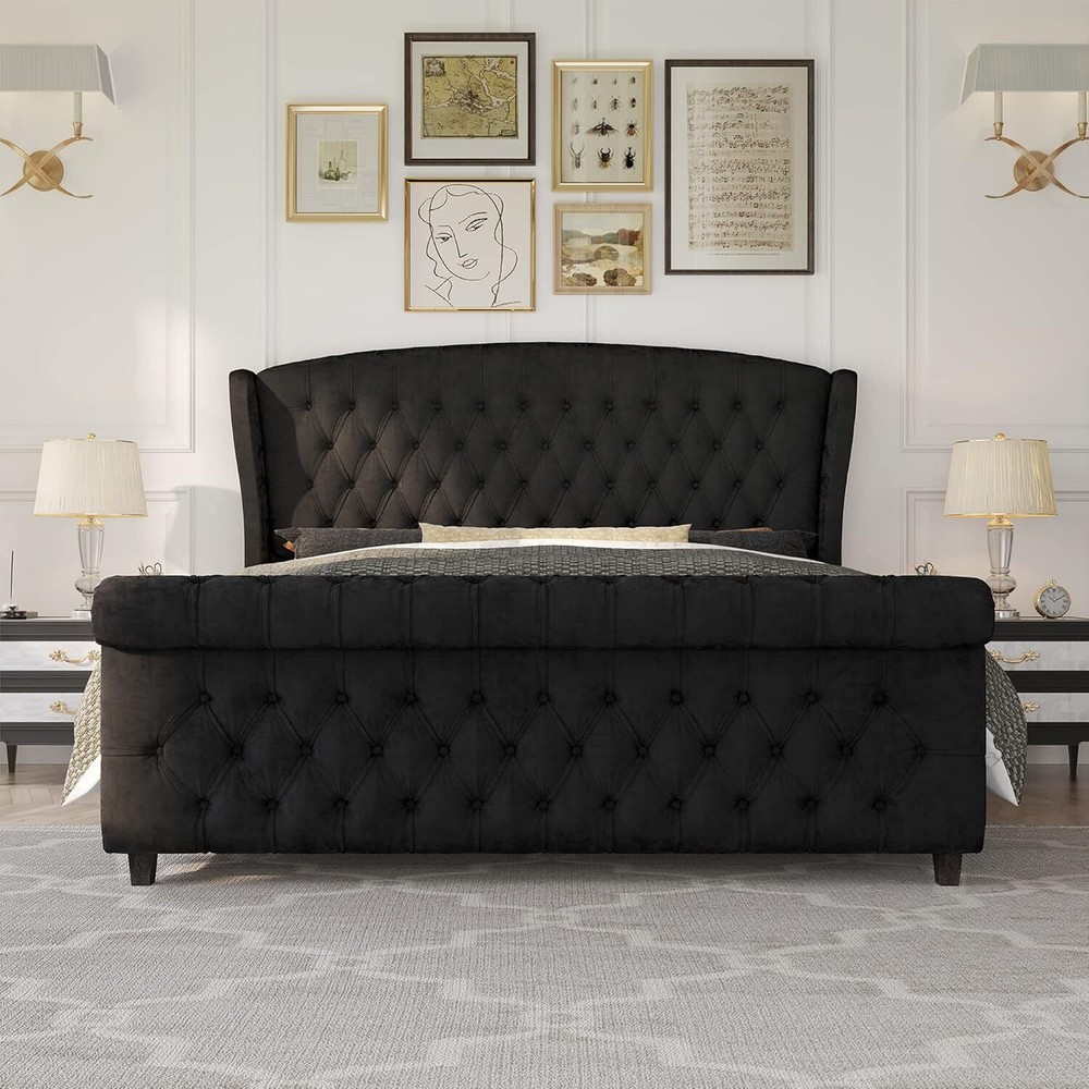 Queen Platform Bed Frame, Chenille Upholstered Sleigh Bed w/Tufted Wingback