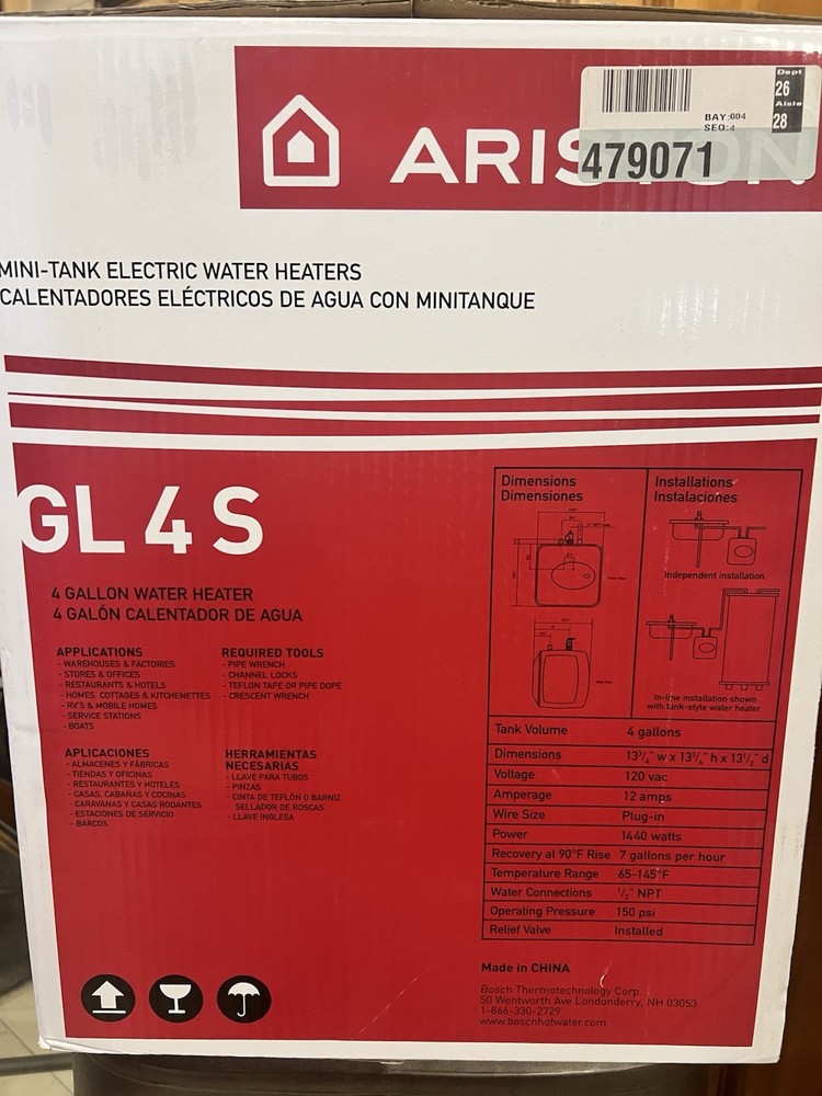 Ariston GL 4 S Mini Tank 4 Gallon Electric Water Heater 120VAC 12.5Amps New