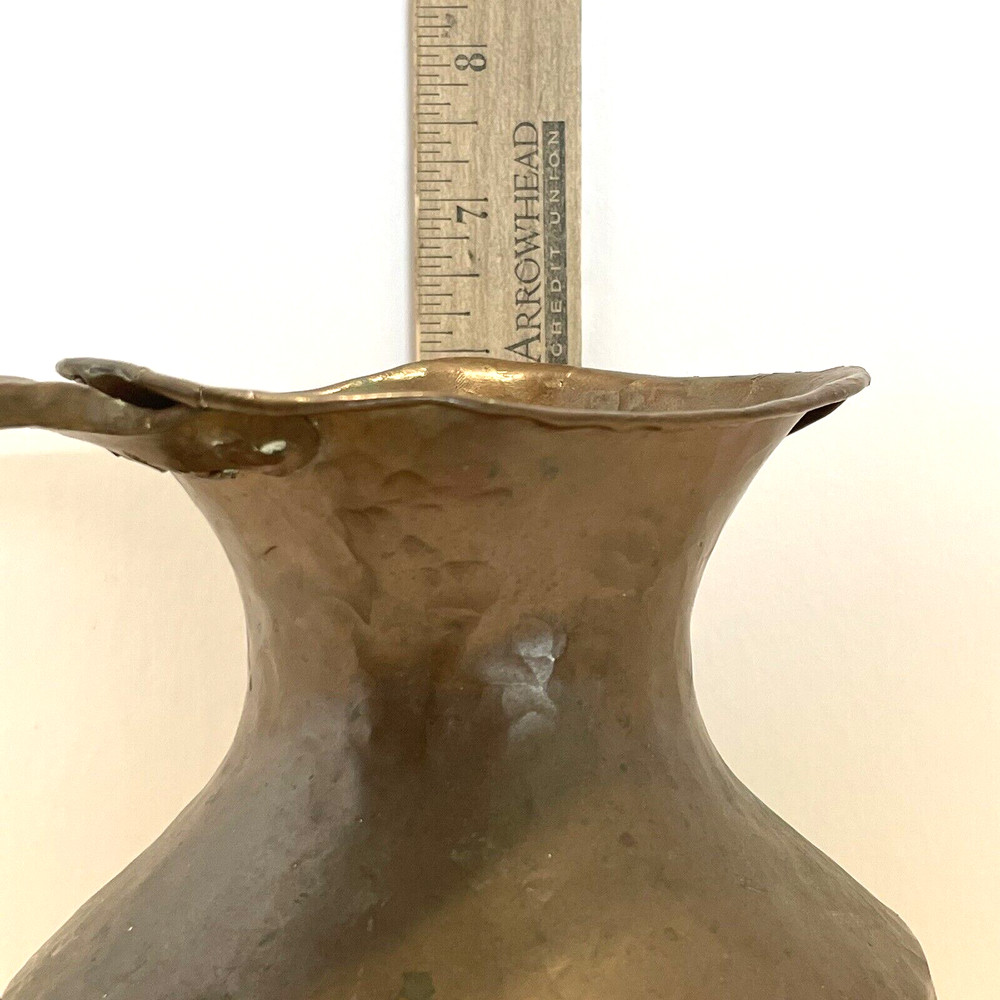 Antique Hammered Copper Pitcher Scrolled Riveted Handle Primitive Jug Dents 6"