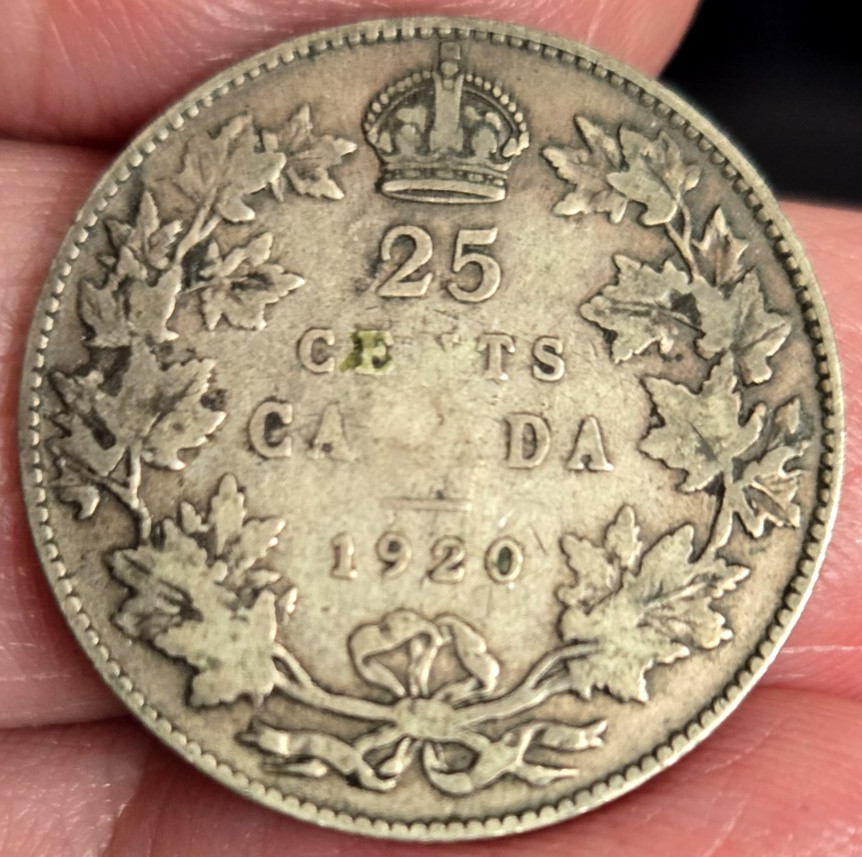1920 Canada King George V 80% Silver 25 Cents.