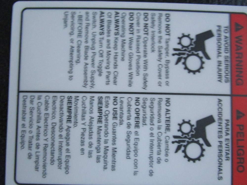 HOBART 403 TENDERIZER WARNING STICKER DECAL FOR SAFTY COVER