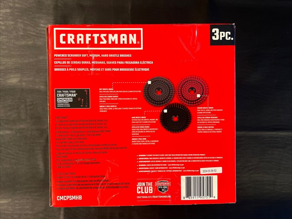 CRAFTSMAN Powered Scrubber 3pc Bristle Brush Set (CMCPSMHB) - Soft, Medium, Hard