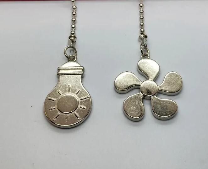Silver Tone Ceiling Fan Pulls FAN • LIGHT Pull Chains Bulb & Fan Shaped Metal
