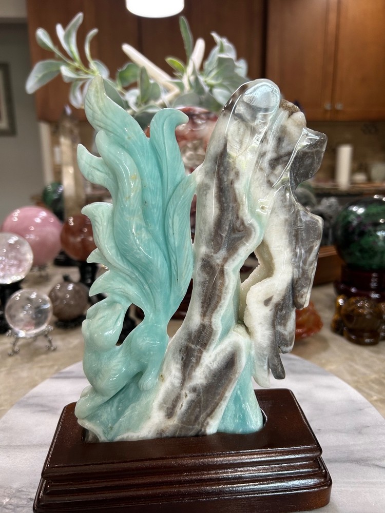 Amazonite 9 tail Fox carving on stand Gorgeous