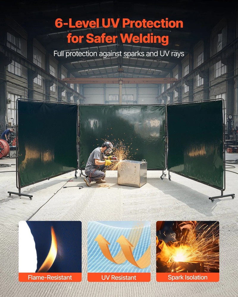Welding Screen with Frame, 3-Panel 6 x 8 FT Welding Curtain Screen, Flame-Resist