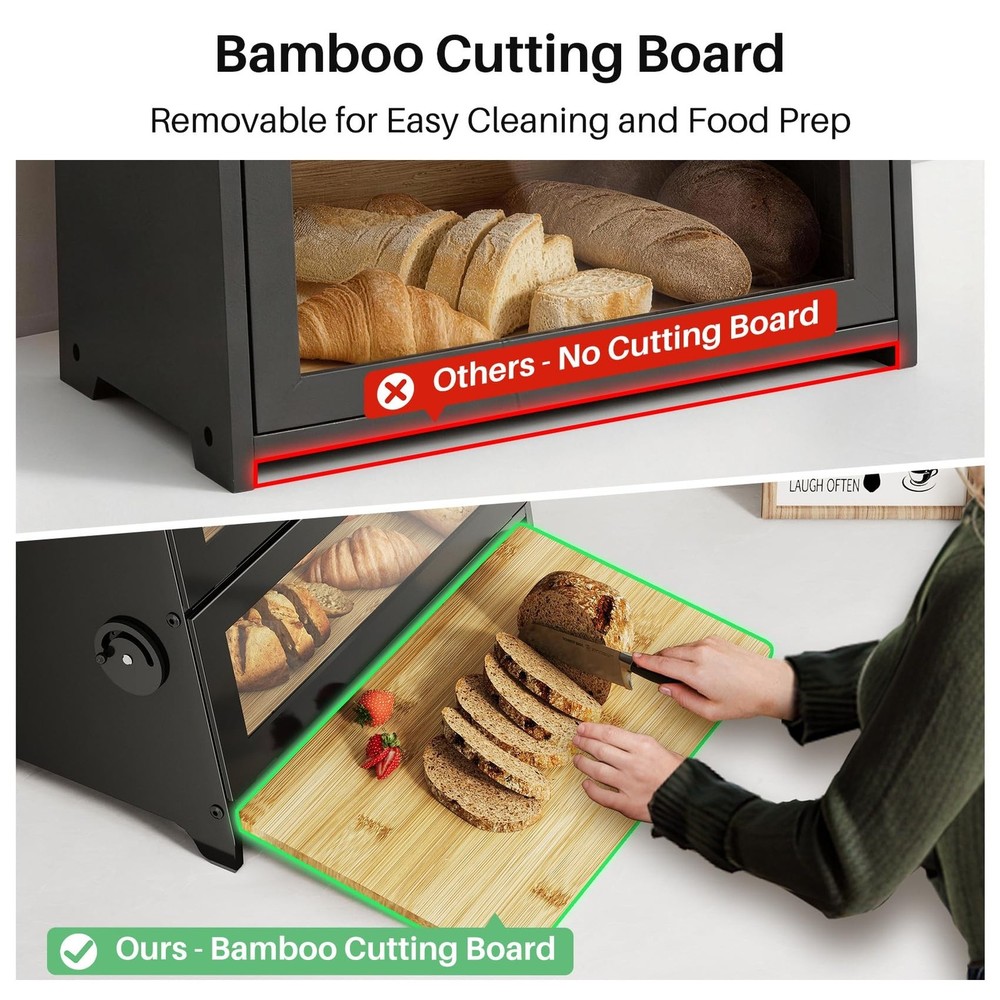 SNTD Bread Box - Kitchen Countertop Bread Storage Container with Bamboo Cutti...