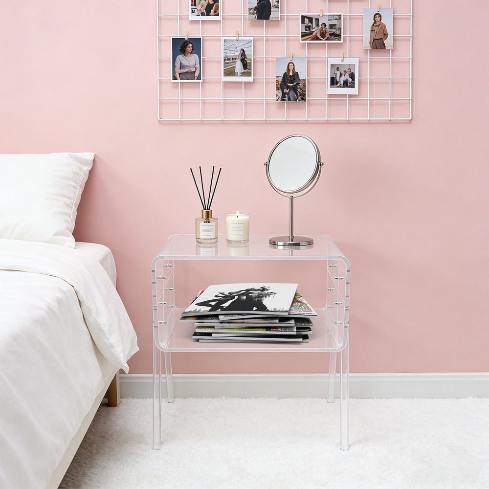 End Table Rectangular, Modern Clear Side Table Open Compartment Table for Couch