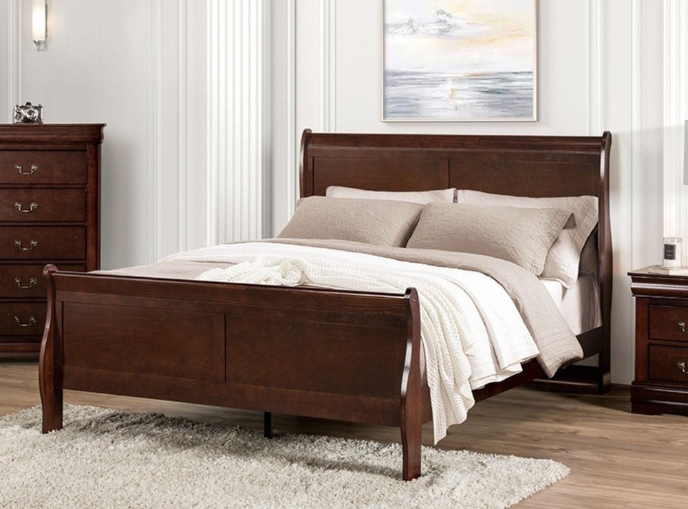 Full Size 3pc Bed Dresser Mirror Set Transitional Style Cherry Finish
