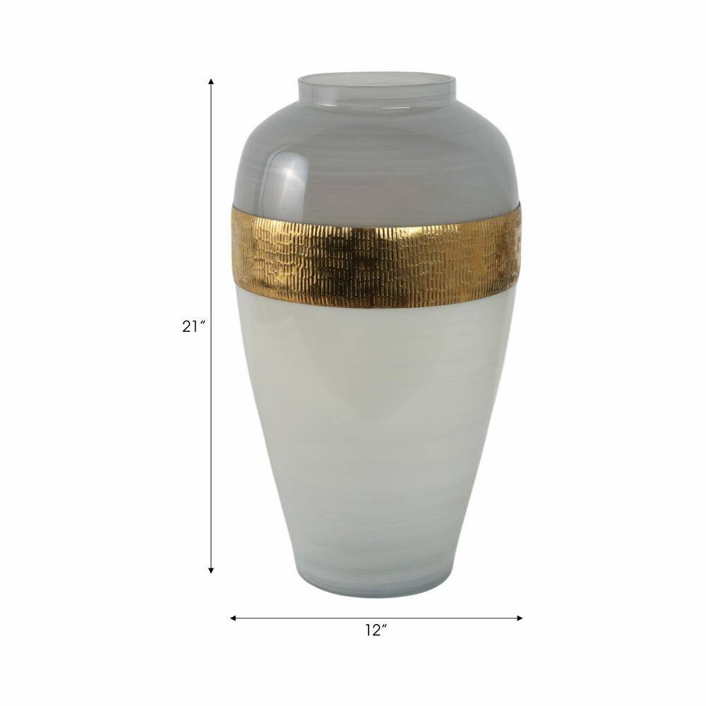 21 In. White Glass round Ginger Vase with Brass Band