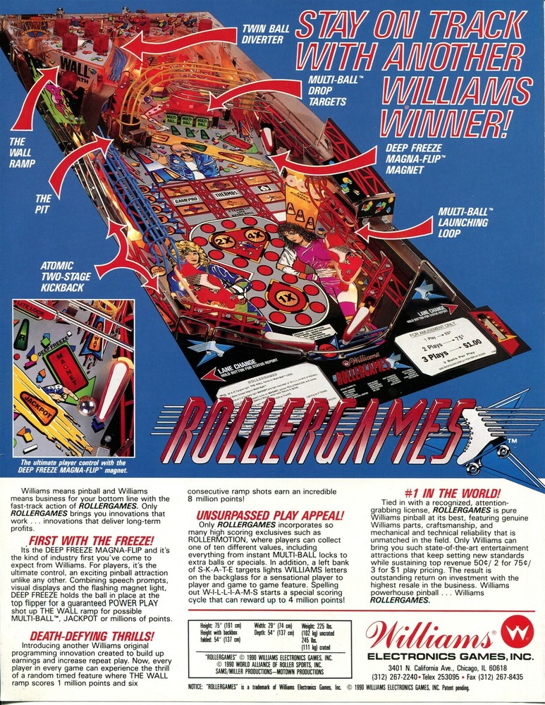 Rollergames Williams Pinball Flyer / Brochure/ Ad - Mint