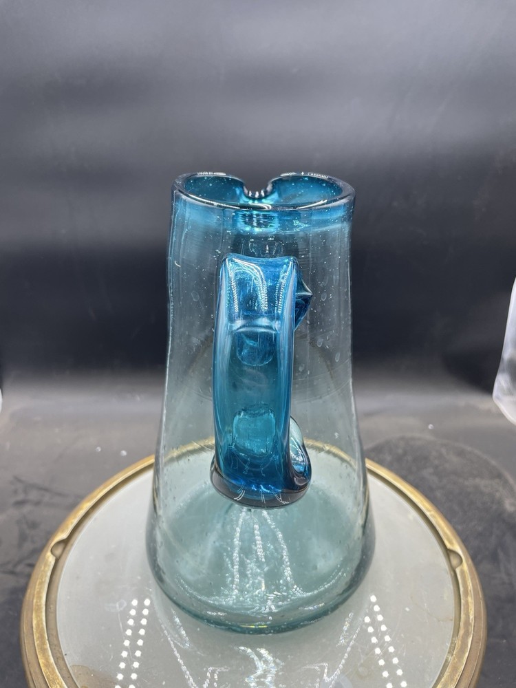 Vintage Hand Blown Blue Glass 9” Pitcher