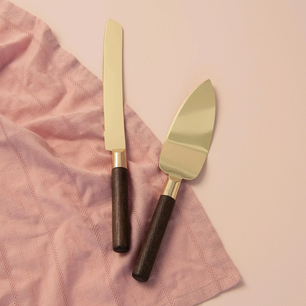 Wood and Gold Cake Serving Set
