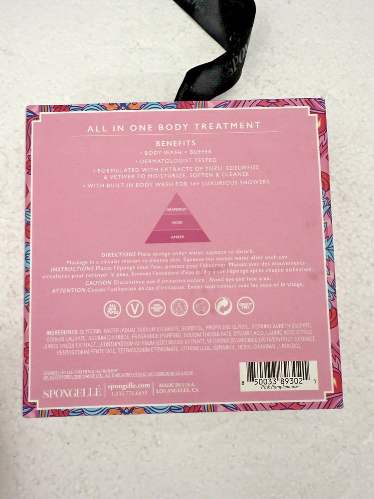 Spongelle PINK PAMPLEMOUSSE Infused Bath Sponge Buffer Grapefruit Rose Amber 3oz