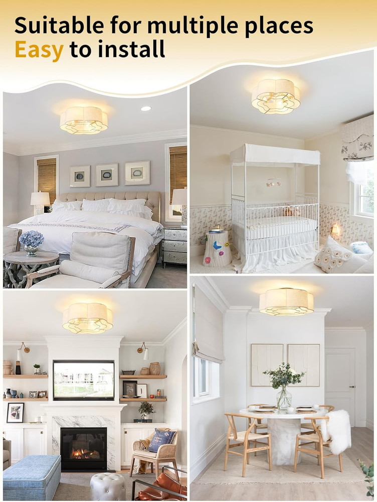 20" Beige Boho Flush Mount Ceiling Fan with Lights & Remote - 6 Speeds