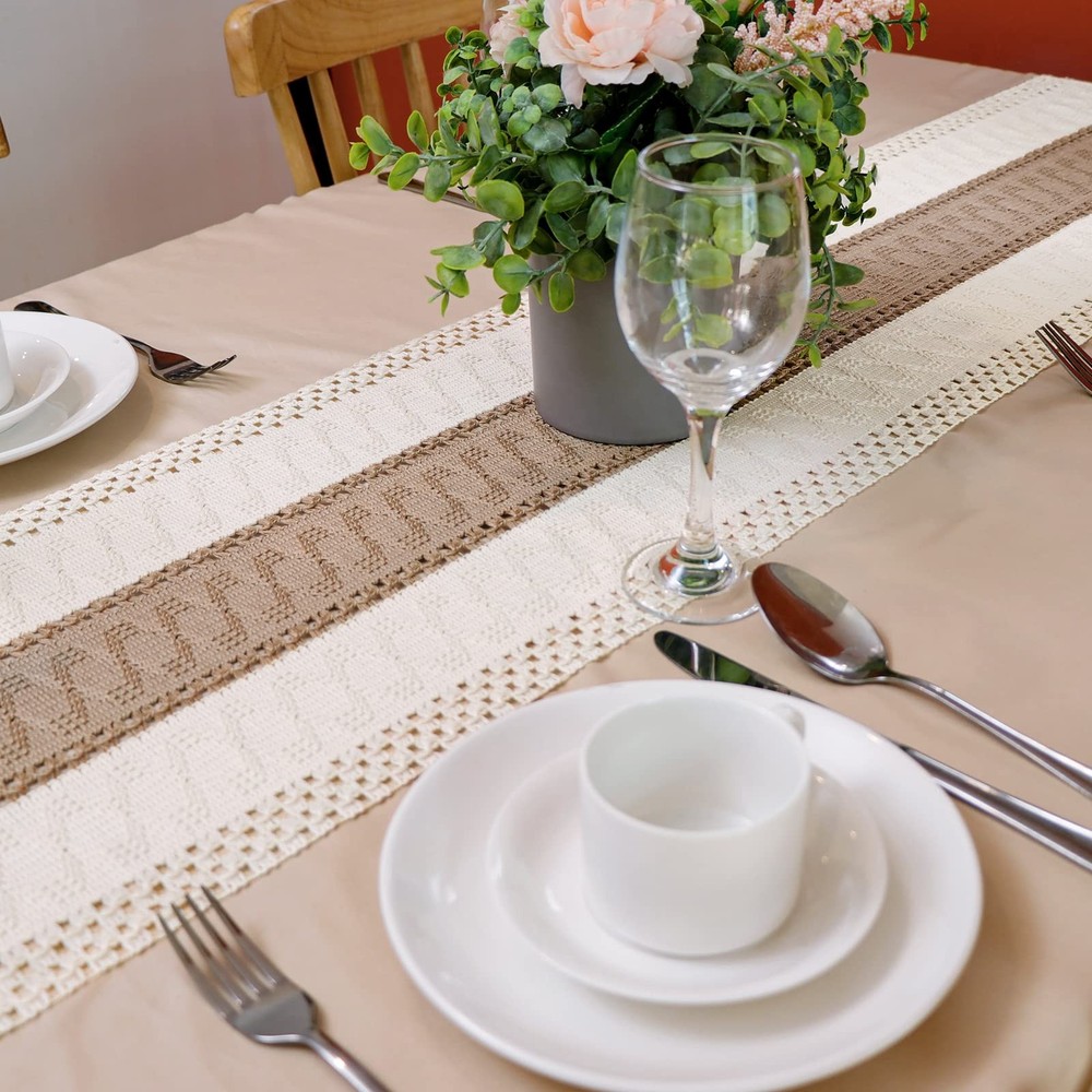 Macrame Table Runner Farmhouse Style, Natural Burlap Boho Table Runner Modern...