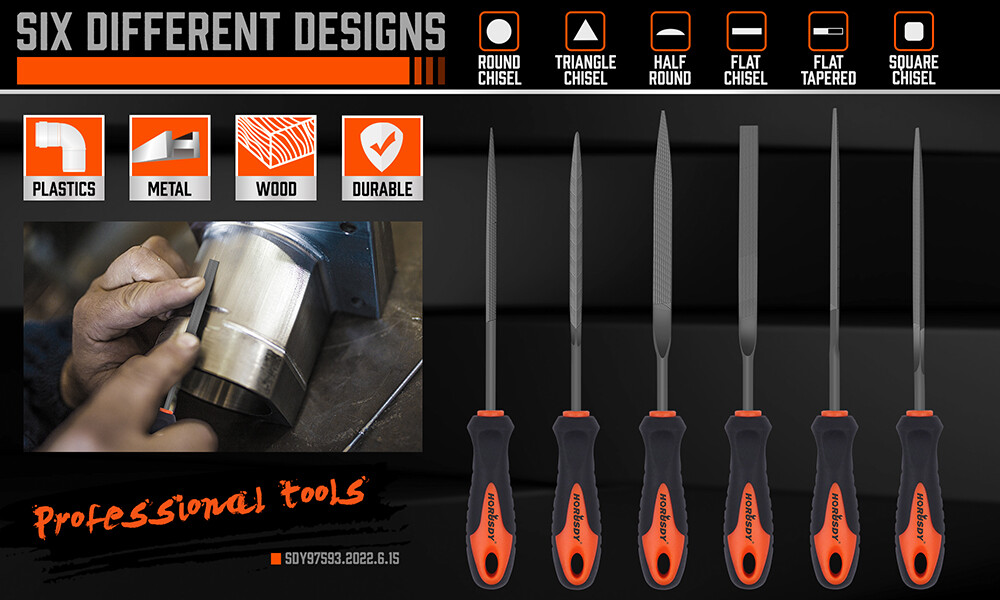 6PC Needle File Set 6" Flat Square Triangular Round Half-Round Strength W/ Pouch