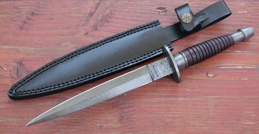 13” FS Commando Dagger Damascus Full Tang Double Edge Spear Point Leather Sheath