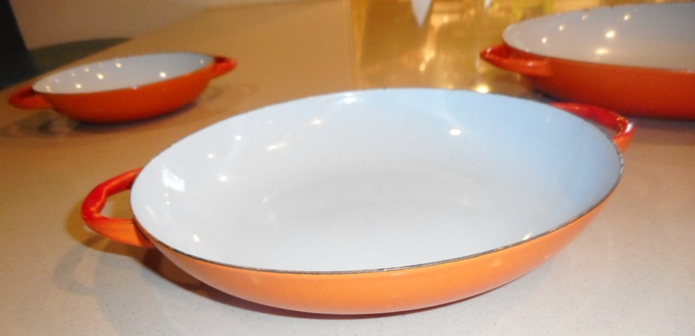 Sauté Pans Orange & White Enamel Set 3 Nesting