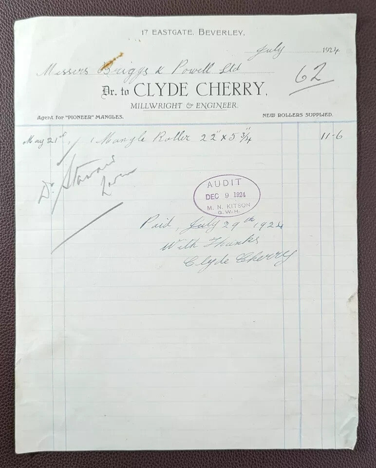 1924 Clyde Cherry, Millwright, 17 Eastgate, Beverley Invoice